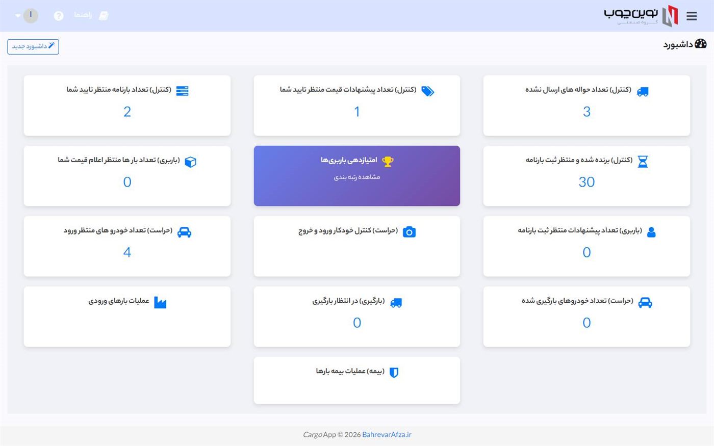 داشبورد سامانه — بارهای امروز، وضعیت نوبتها و خلاصه کرایهها